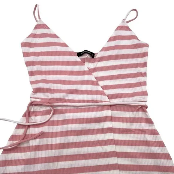 Olivaceous Wrap Midi Dress Pink and White Ribbed Summer Dress Tie Waist Womens S - Picture 5 of 8
